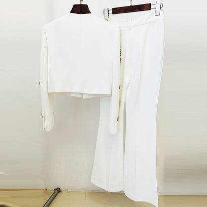 Fashionable Pearl Embellished Short Jacket & Flared Pants Set