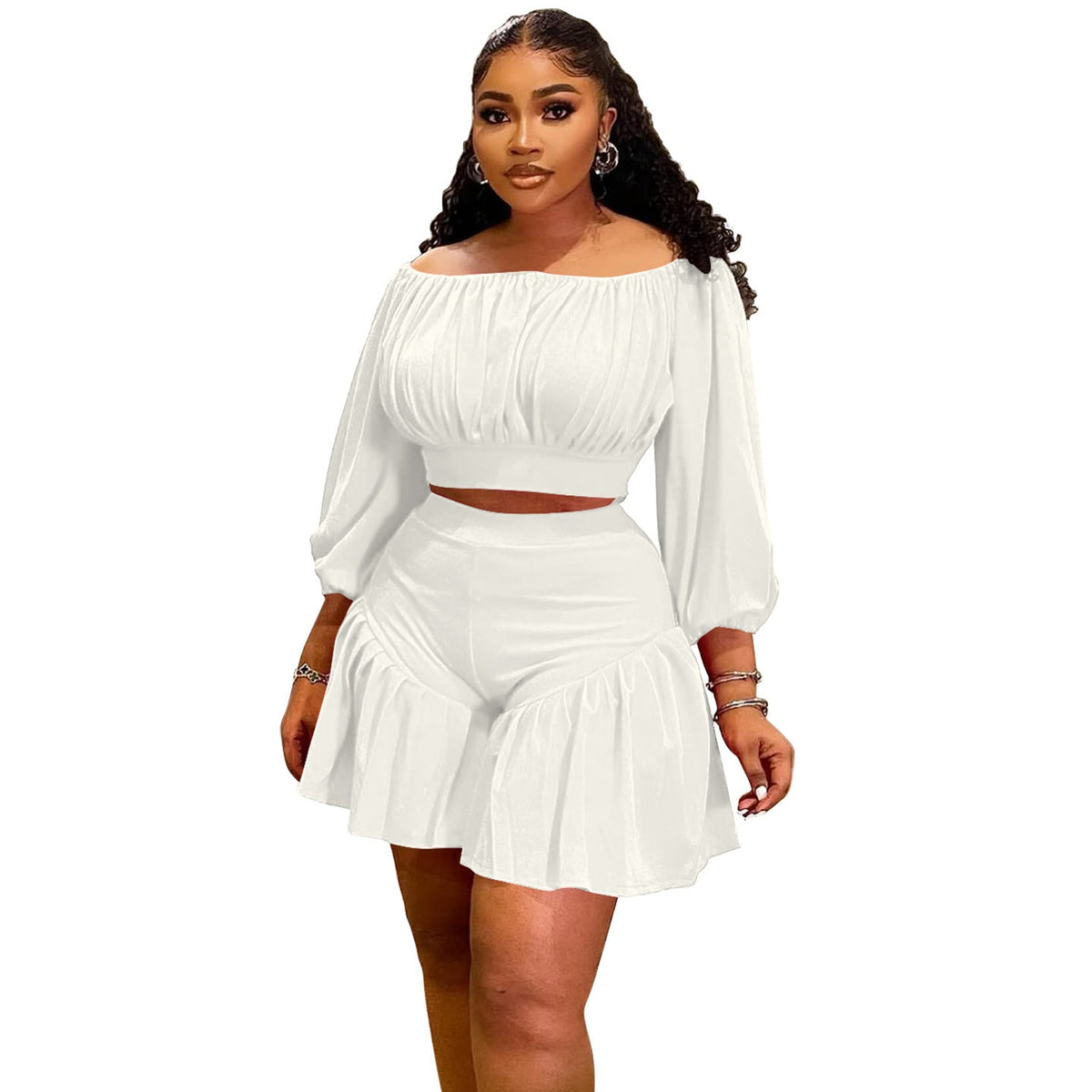 New Plus Size Two-Piece Women'S Set With Ruffled Off-Shoulder Design
