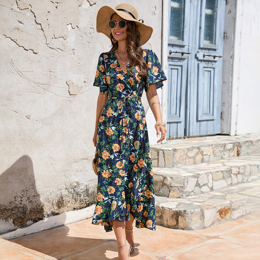 Stylish New Short Sleeve V-Neck Lace-Up Dress Seaside Resort Dress