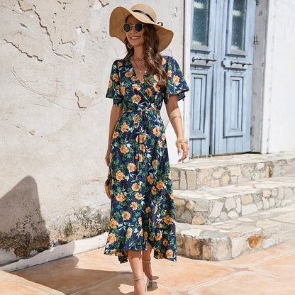 Stylish New Short Sleeve V-Neck Lace-Up Dress Seaside Resort Dress