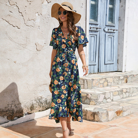 Stylish New Short Sleeve V-Neck Lace-Up Dress Seaside Resort Dress