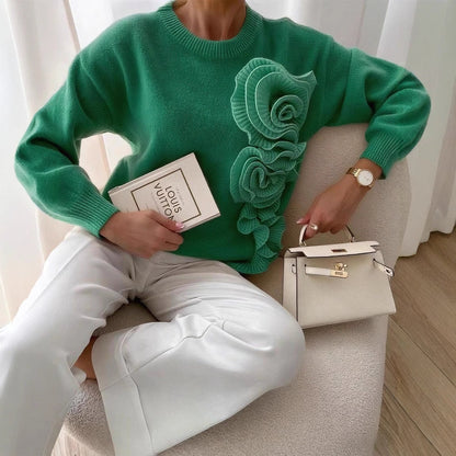 Elegant 3D Floral Round Neck Pullover Sweater