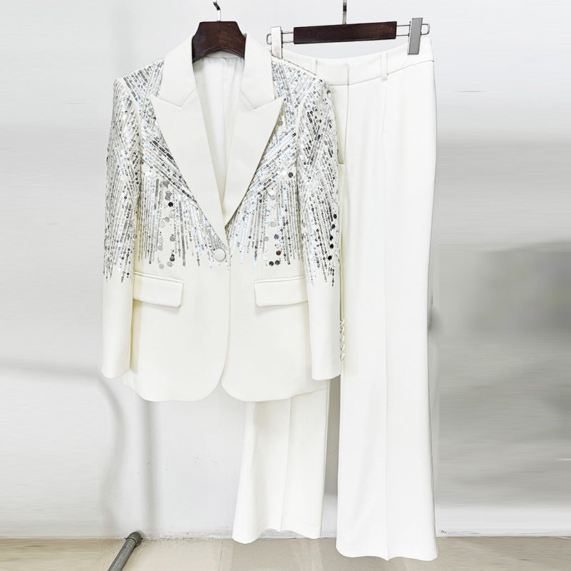 Beaded Sequin Suit Set Long Pants Elegant Street Style