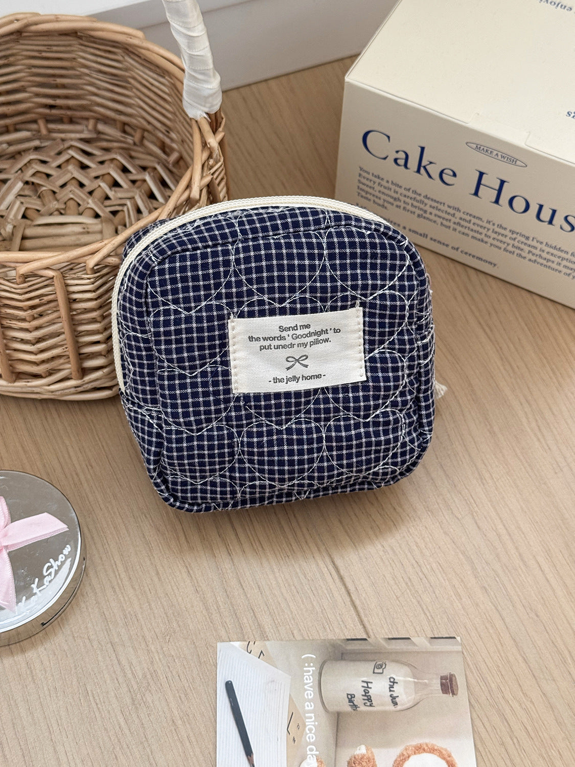 Color Block Heart Plaid Quilted Makeup Bag