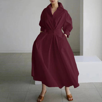 Cotton And Linen Net Color Lapel /Polo Collar Shirt Sleeve Elastic Waist Big Swing Dress