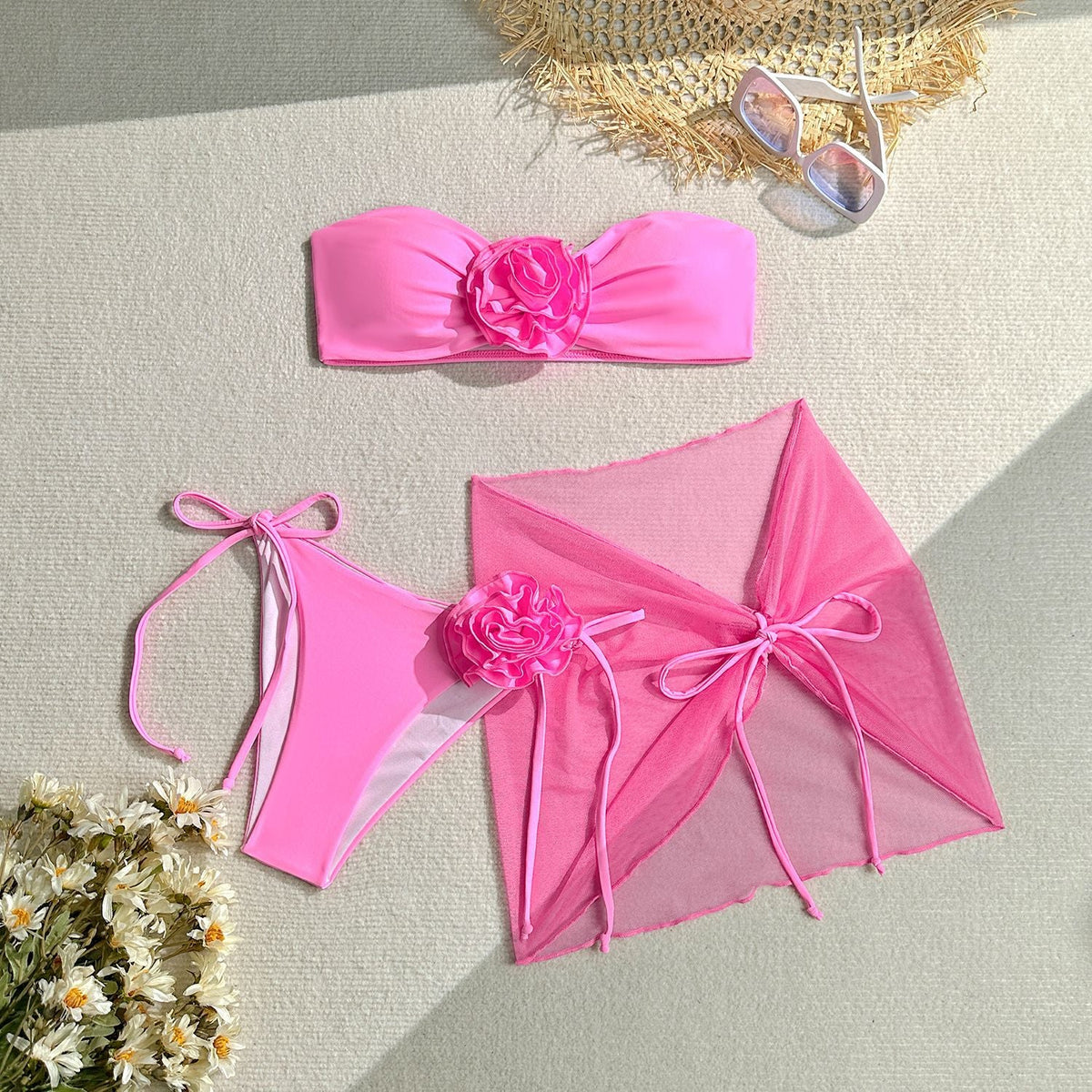 3-Piece Sexy 3D Floral Bandeau Bikini Set