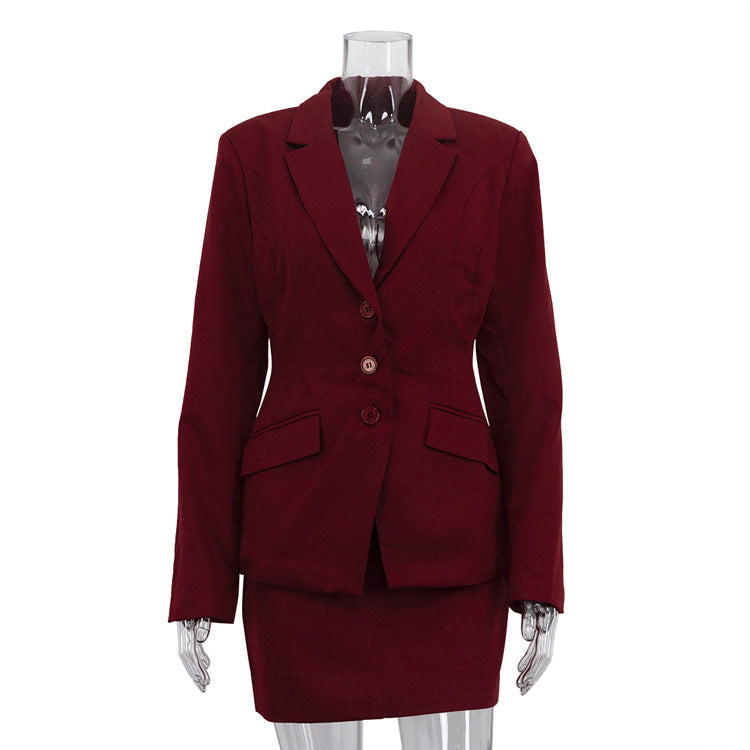 Burgundy V-Neck Long Sleeve Suit Jacket and Pencil Skirt Set