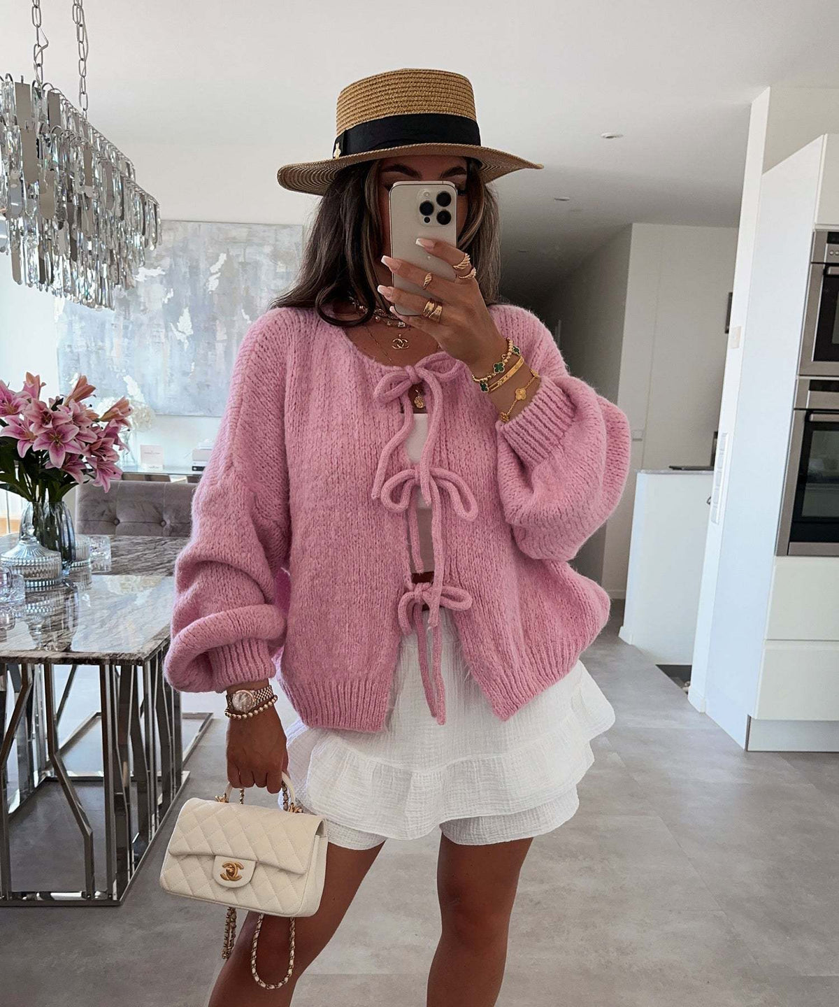 Crew Neck Lace-Up Knitted Cardigan Jacket Autumn And Winter New Solid Color Commuting Simple Sweater Women