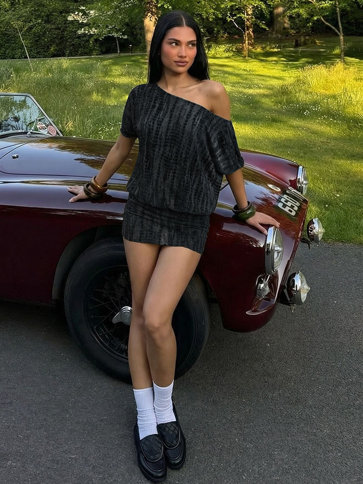 Trendy Color Block Sexy Backless Off-Shoulder Mini Dress