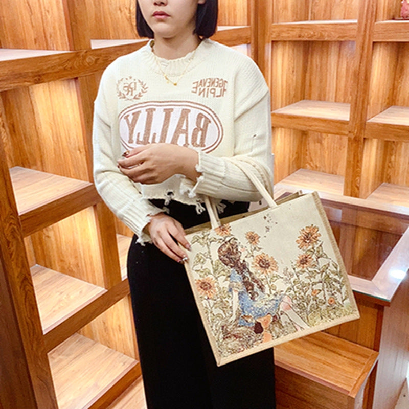 Linen Tote Bag Cute Cartoon Embroidery Large Capacity