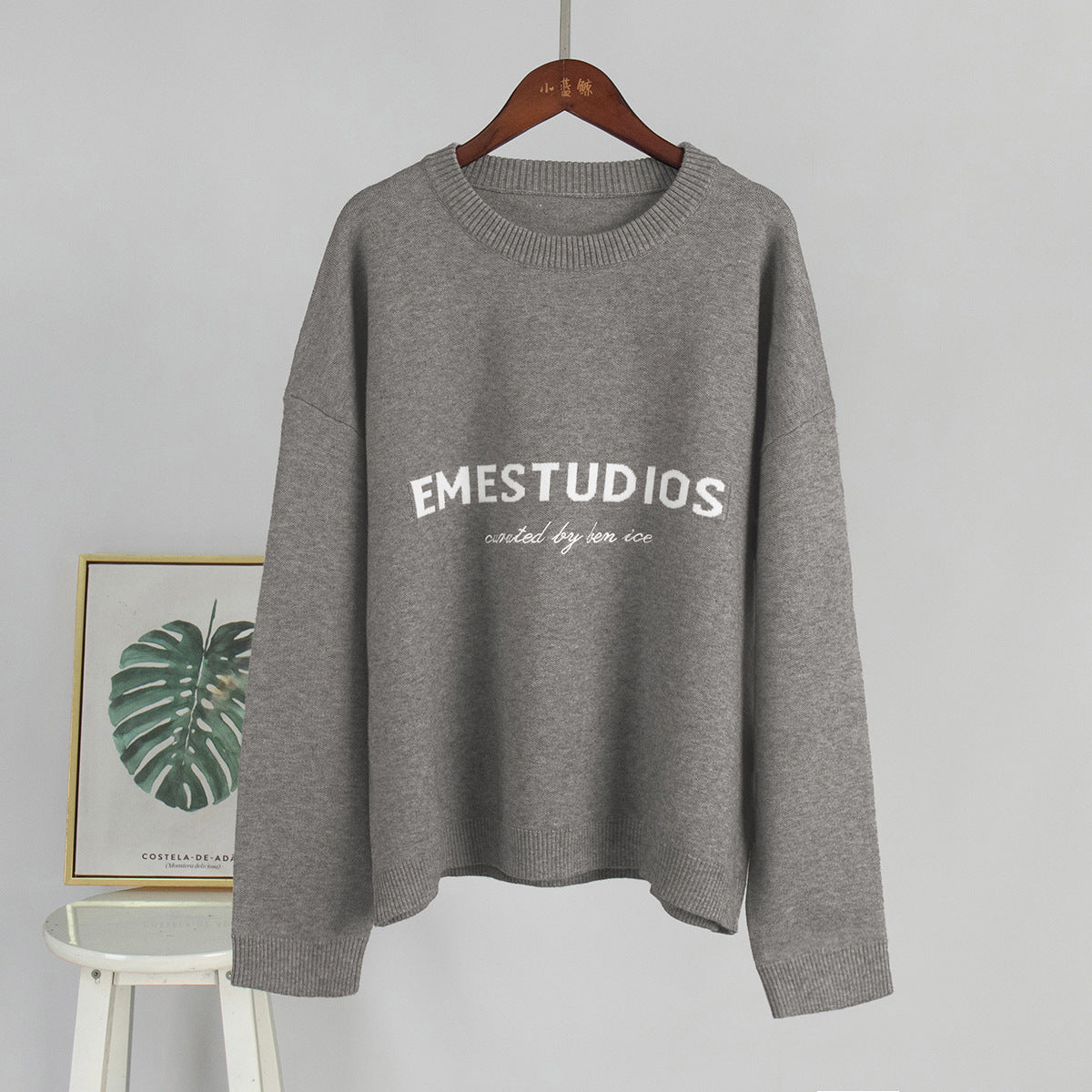 Letter Pattern Knitted Sweatshirt Casual Pullover for Women