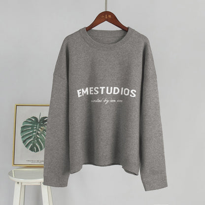 Letter Pattern Knitted Sweatshirt Casual Pullover for Women