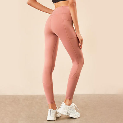 Spliced Pocket Size Double-Sided Nylon High Elastic Sports High Waist Hip Tight Yoga Pants Women.