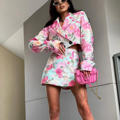 Digital Print Fashion Two-Piece Skirt Set with Button Detail