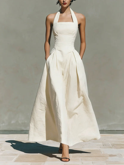 Halter Square Neck Pleated A-Line Midi Dress
