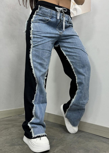 Fashion Splicing Drawstring Straight Leg Jeans