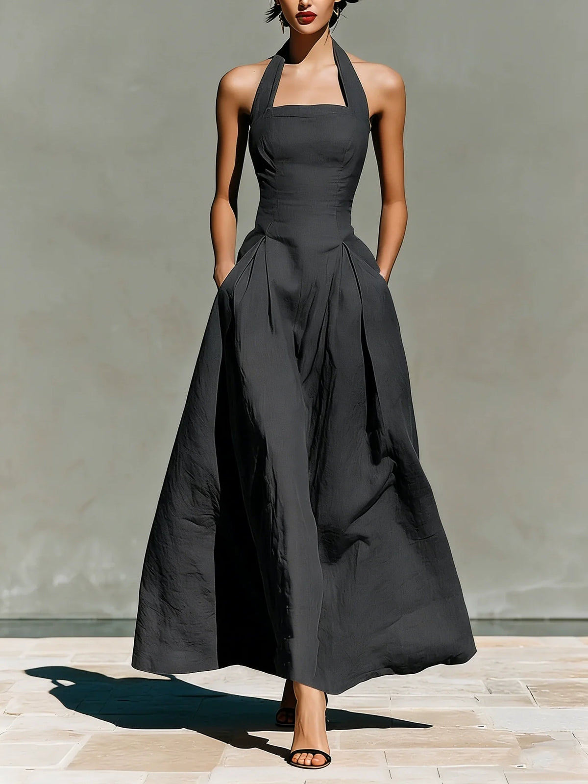 Halter Square Neck Pleated A-Line Midi Dress