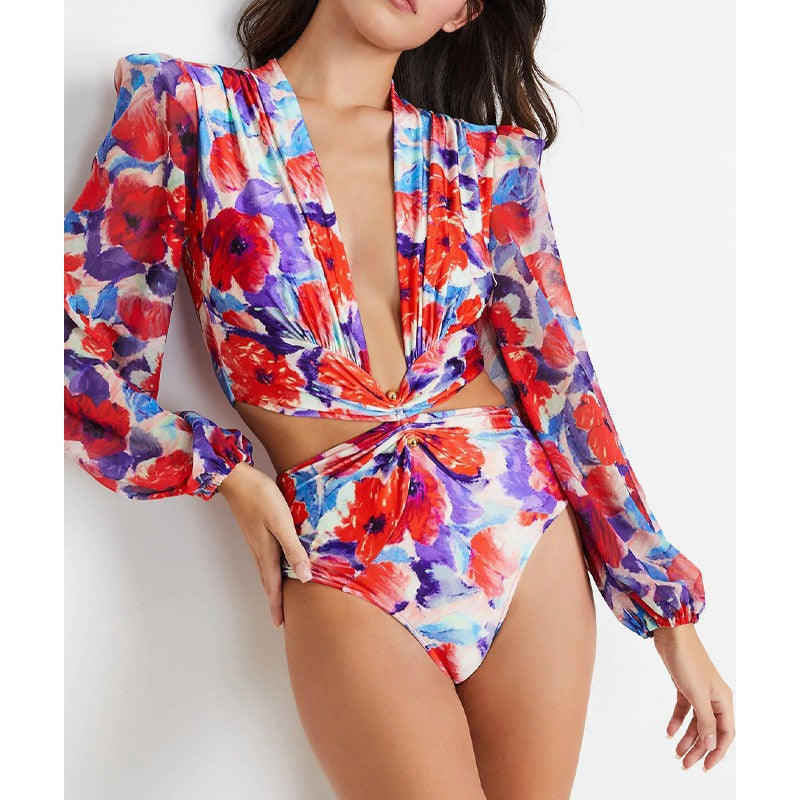 New Open Back Long Sleeved One Piece Swimwear High Waist Lace Up V-Neck Swimwear For Women Bikini