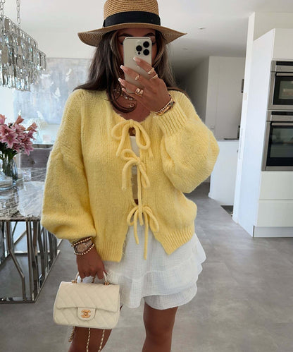 Crew Neck Lace-Up Knitted Cardigan Jacket Autumn And Winter New Solid Color Commuting Simple Sweater Women