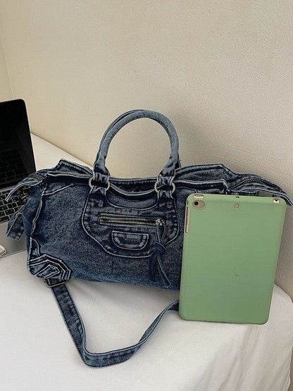 High Capacity Denim Motorcycle Bag Trendy Casual Shoulder Bag
