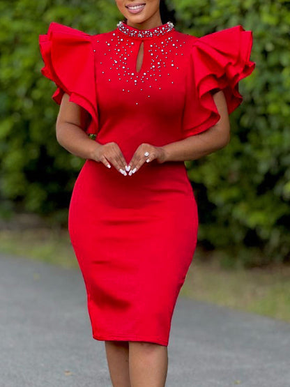 Fashionable Elegant Ruffled Sleeve Beaded Party Dress
