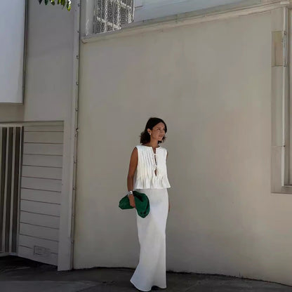 6 Colors Breathable Cotton And Linen Pleated Sleeveless Straps, Women'S Shirts, High Street Long Skirts.