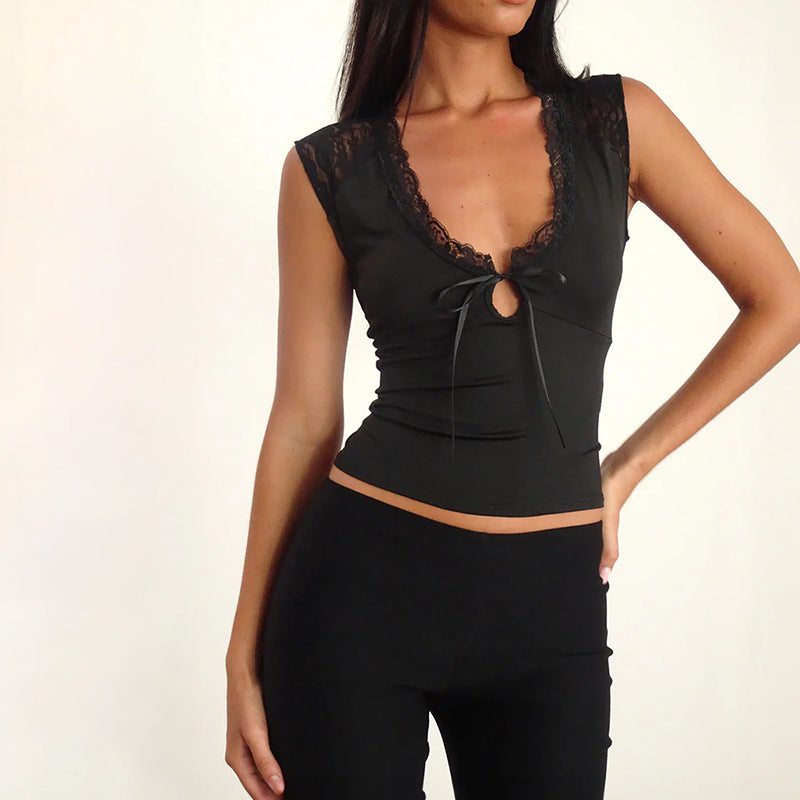 Casual Lace-Trim V-Neck Sleeveless Top
