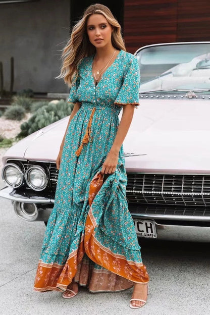 Bohemian Summer High Waist Lace Up V-Neck Loose Large Hem Dress Seaside Long Dress