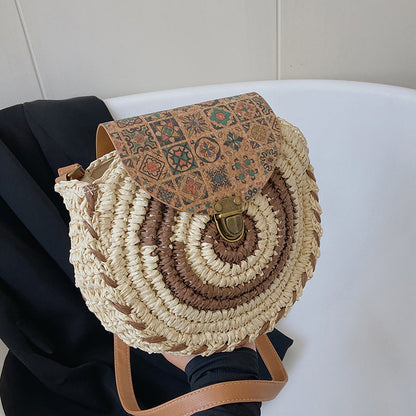 Summer Ethnic Style Woven Literature And Art Sen Series Bag For Women'S Crossbody, Minority Grass Woven Large Capacity Round Cake Bag