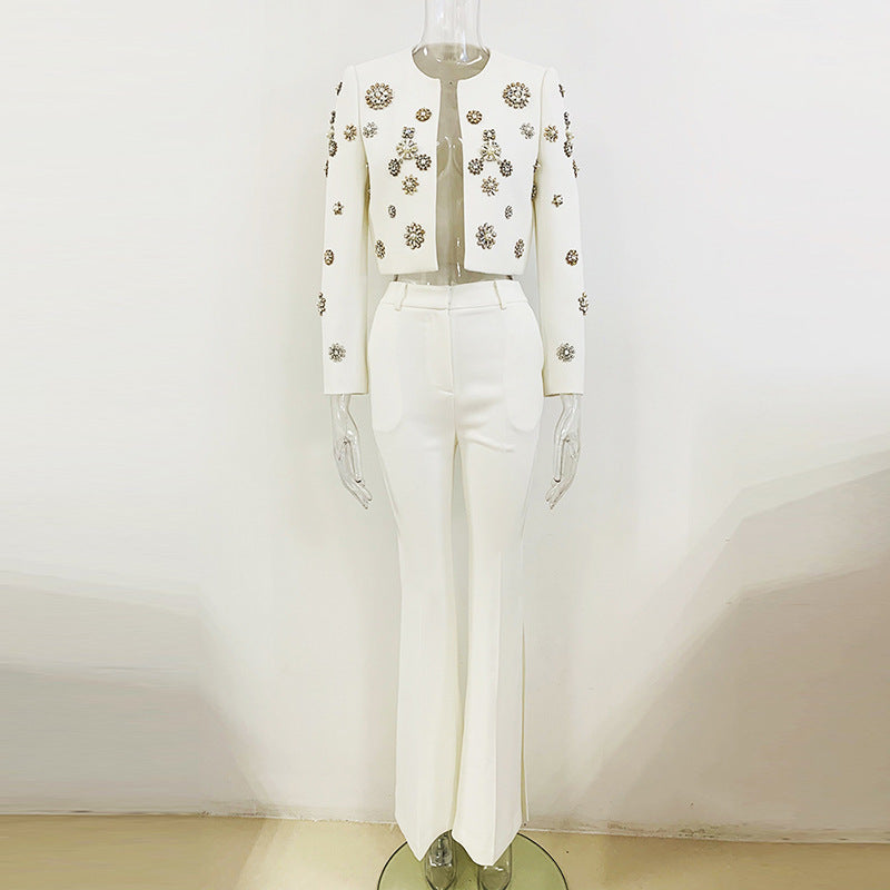 Fashionable Pearl Embellished Short Jacket & Flared Pants Set