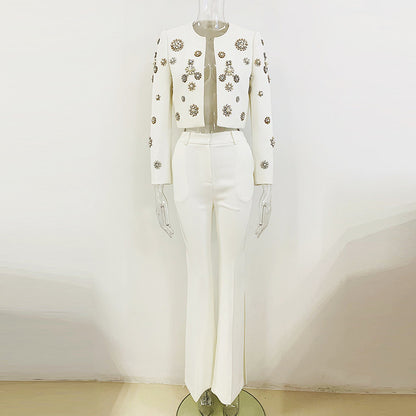 Fashionable Pearl Embellished Short Jacket & Flared Pants Set