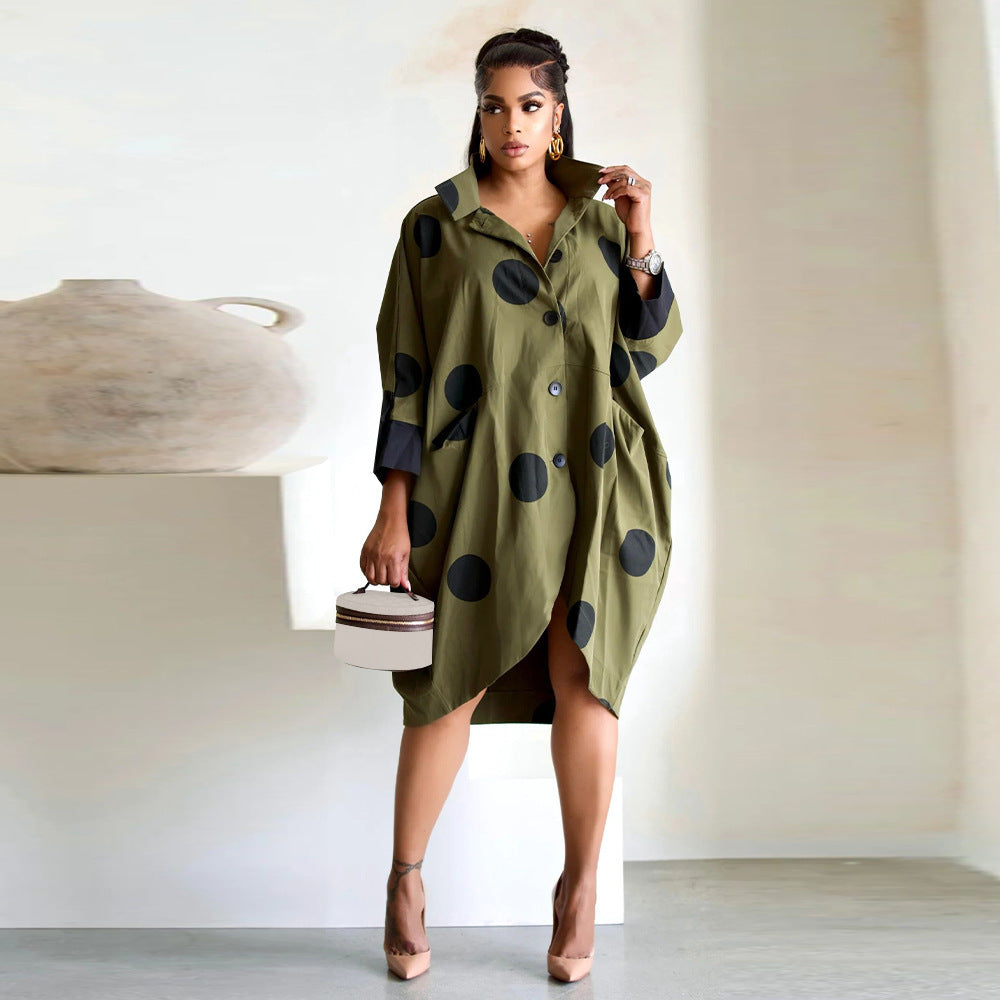 Digital Print Long Sleeve Shirt Dress With Pockets