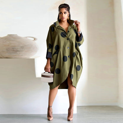 Digital Print Long Sleeve Shirt Dress With Pockets