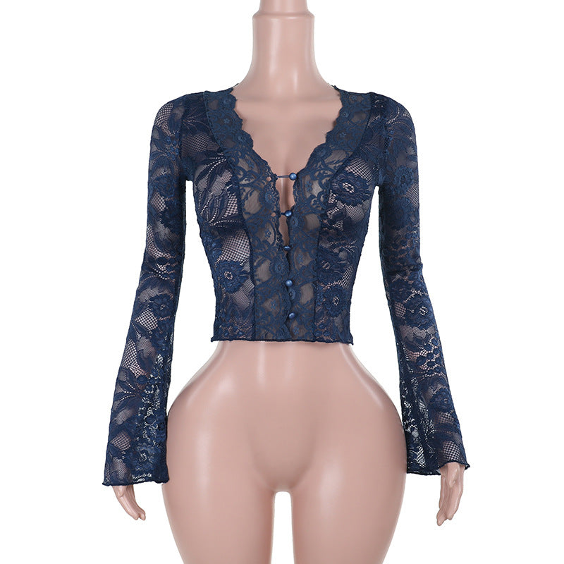 V-Neck Lace Long Sleeve Top for Women