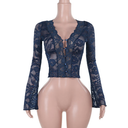 V-Neck Lace Long Sleeve Top for Women