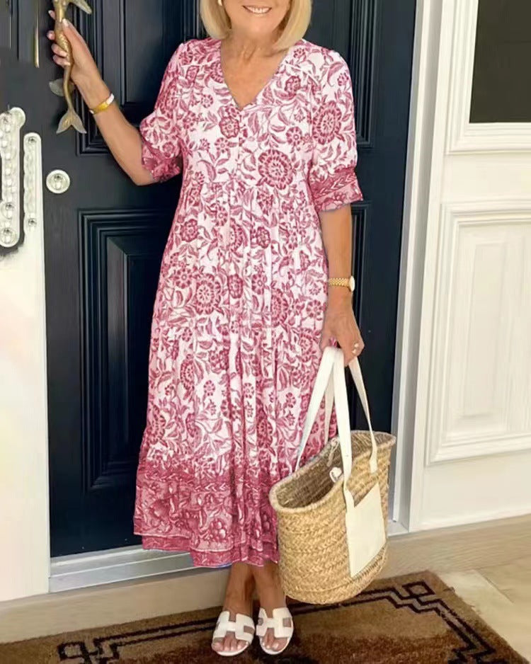 V-Neck Floral Dress, Seaside Resort Beach Dress, Loose And Versatile Long Dress