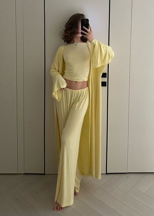 Three Piece Jersey Lounge Set Yellow Soft Texture