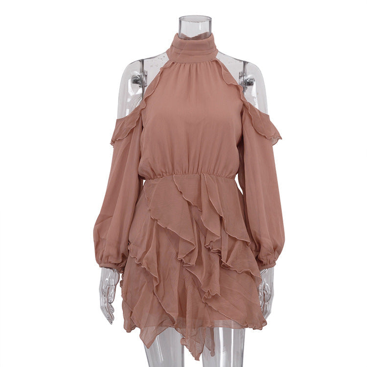Elegant Chiffon A-Line Dress with Halter Neck and Long Sleeves