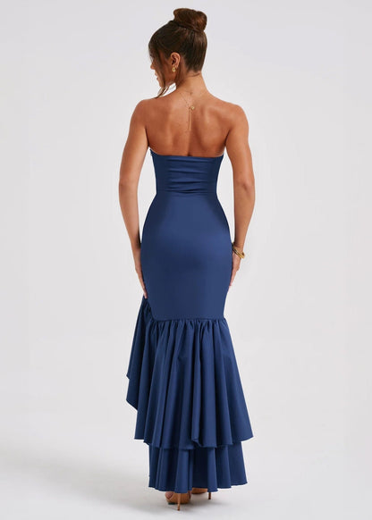 Strapless Ruffled Maxi Dress In Navy Fabric