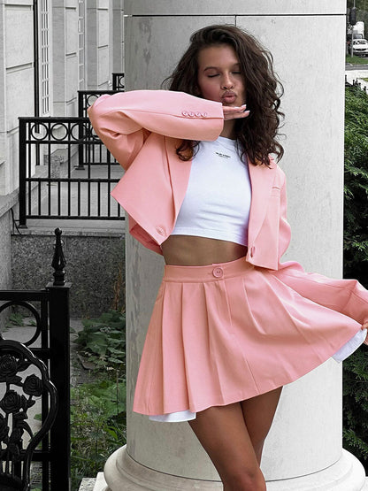 Elegant Blazer Skirt Set Solid Color Polyester Fashion