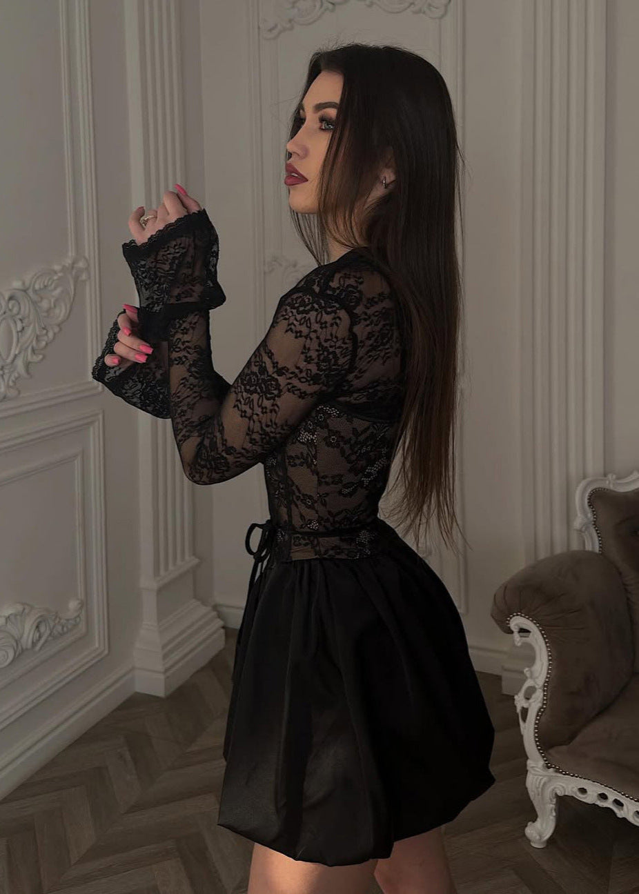 Black Lace Corset Mini Dress With Bubble Skirt