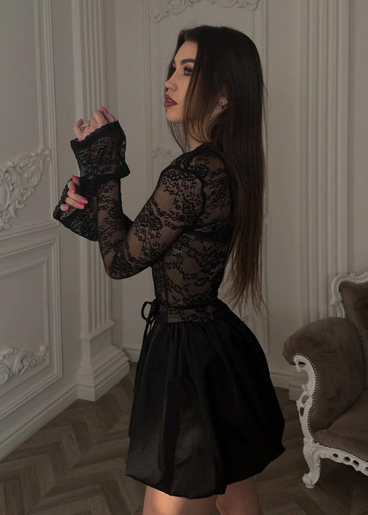 Black Lace Corset Mini Dress With Bubble Skirt