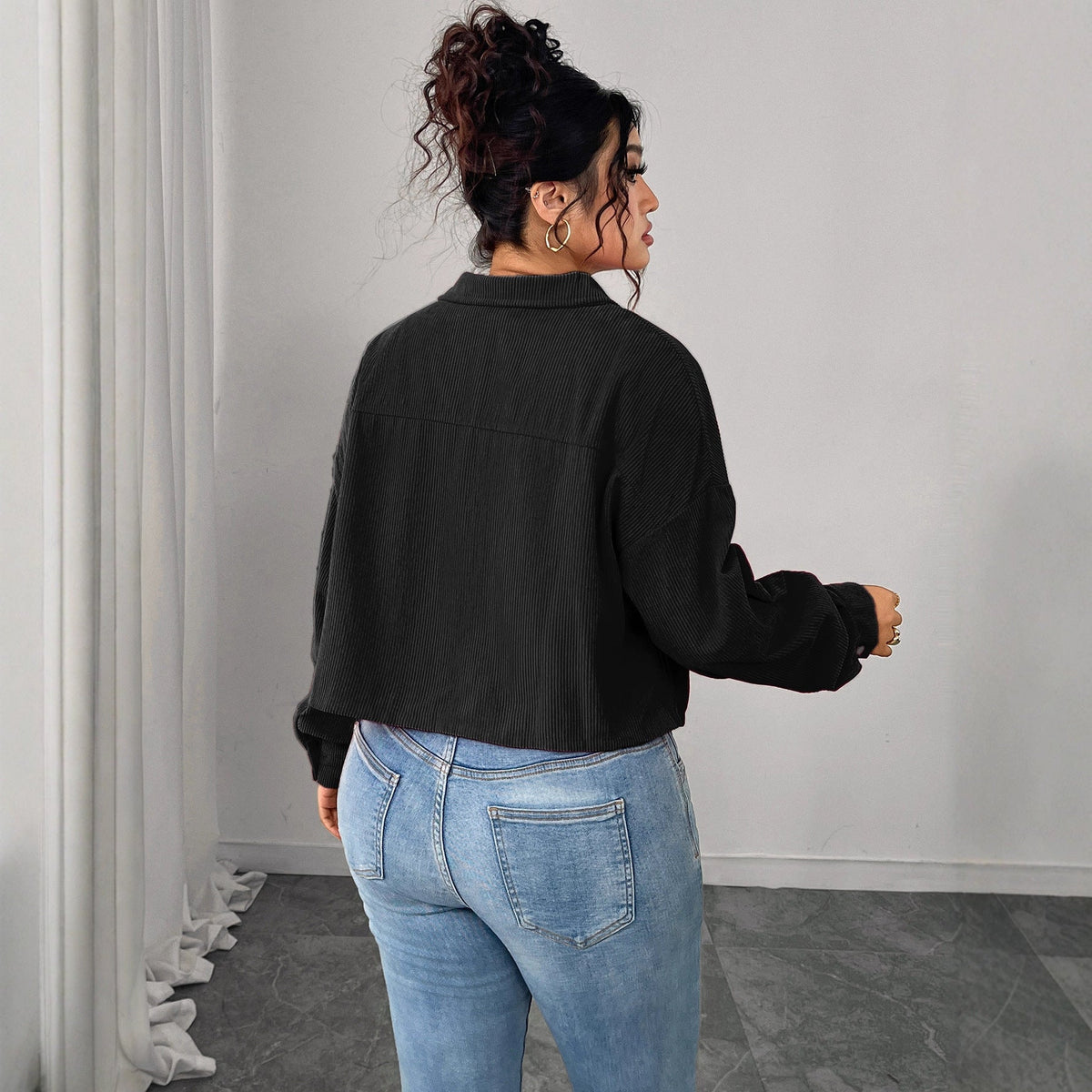 Casual Corduroy Jacket With Polo Collar And Lantern Sleeves