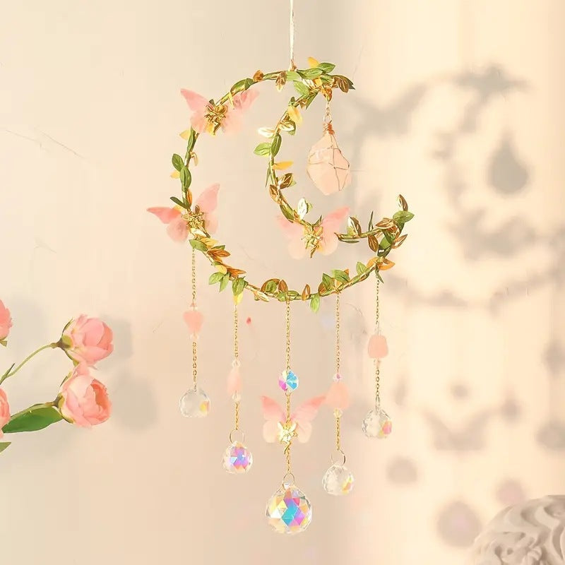 Leaves Butterfly Moon Crystal Suncatcher