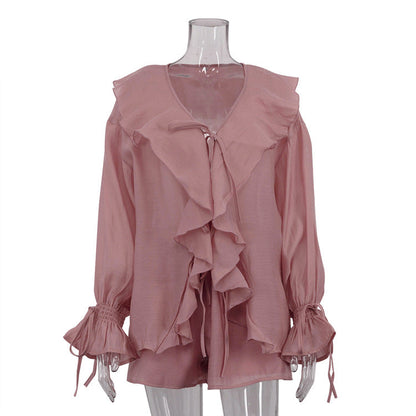 French Ruffle Sleeve Casual Set Soft Tencel Blouse and Shorts