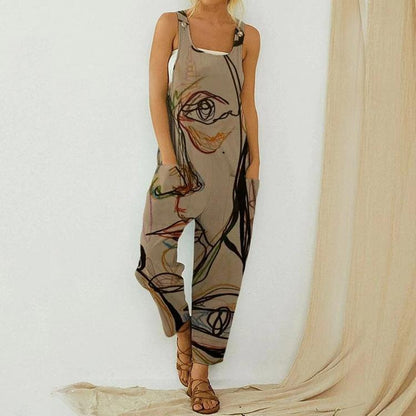 Summer Abstract Printing Loose Cotton Linen Suspender Button Suspender Jumpsuit