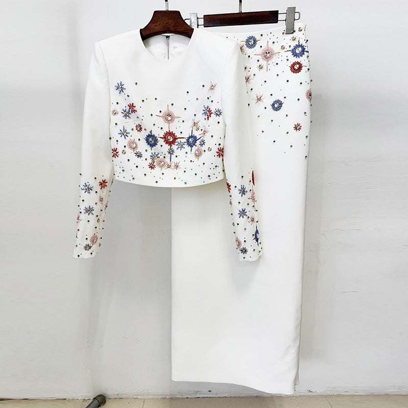 Short Top And Long Skirt Set With Beads And Rhinestones