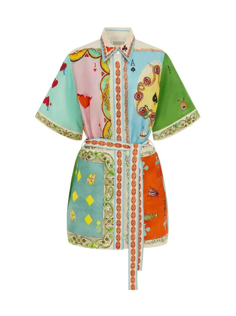 Casual Printed Linen Dress with Bell Sleeves