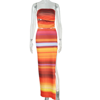 Gradient Print Sleeveless Bodycon Dress Set Sexy Summer Style