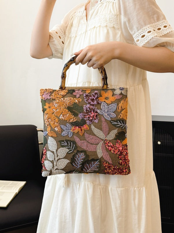 Embroidered Sequin Bamboo Tote Bag Stylish Evening Handbag